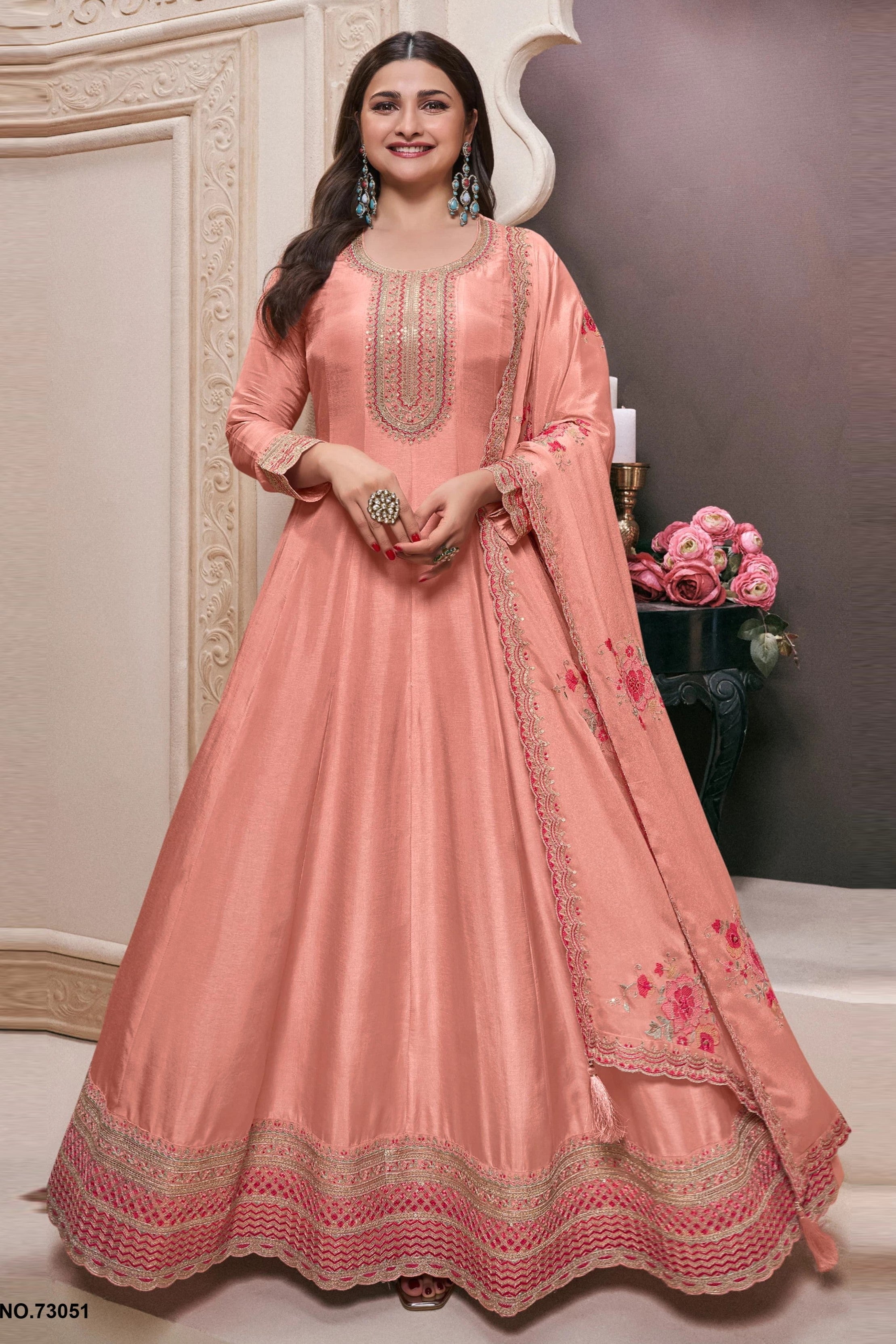 Peach Muga Silk Anarkali Suit For Indian & Pakistani Wedding Festival