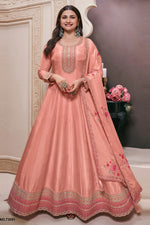 Peach Muga Silk Anarkali Suit For Indian & Pakistani Wedding Festival - Zari Work, Thread & Sequence Embroidery Work