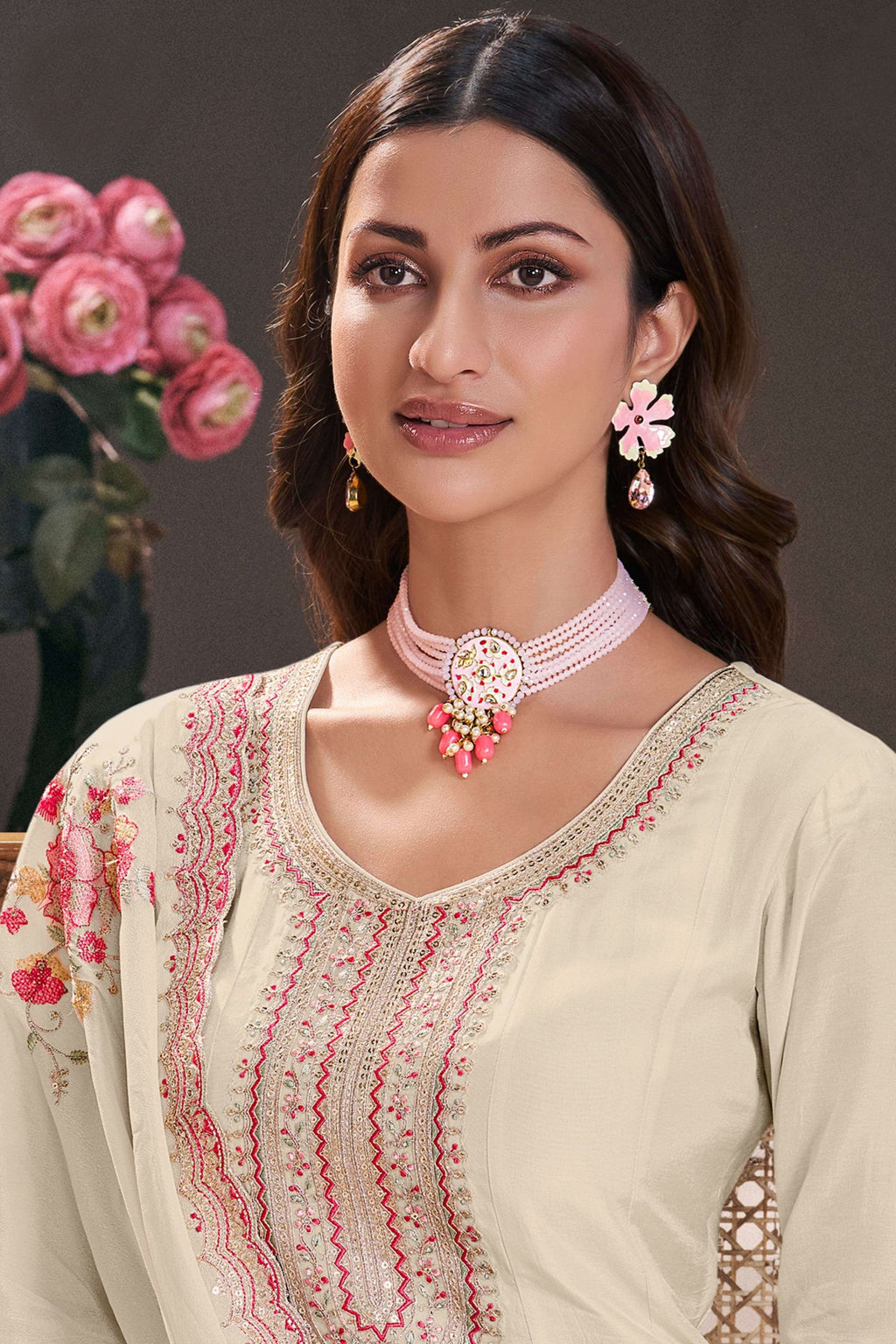 Cream Muga Silk Anarkali Suit For Indian & Pakistani Wedding Festival - Zari Work, Thread & Sequence Embroidery Work