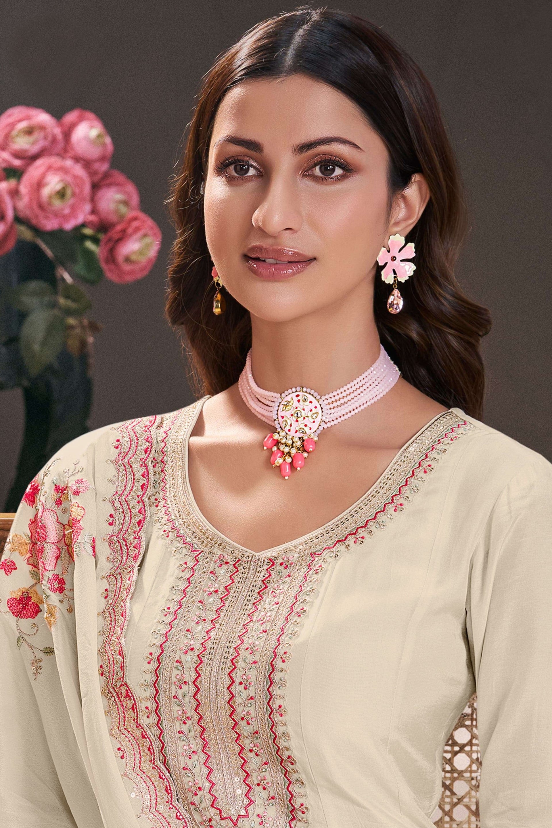 Cream Muga Silk Anarkali Suit For Indian & Pakistani Wedding Festival - Zari Work, Thread & Sequence Embroidery Work