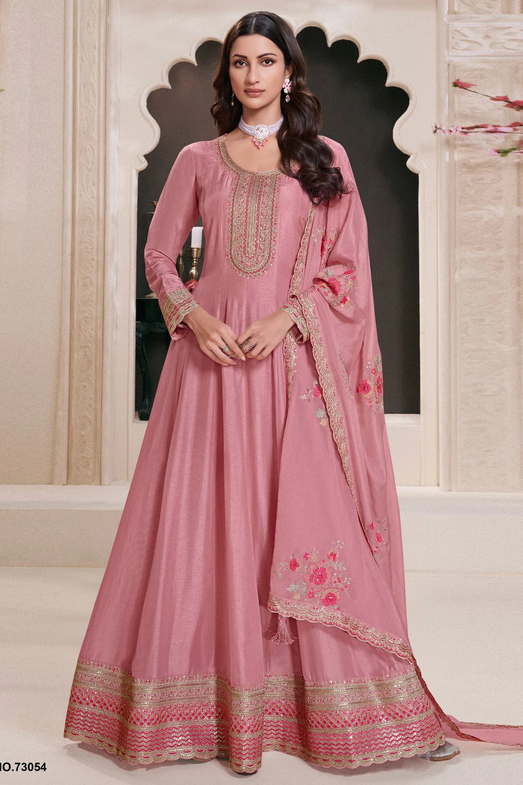 Pink Muga Silk Anarkali Suit For Indian & Pakistani Wedding Festival - Zari Work, Thread & Sequence Embroidery Work