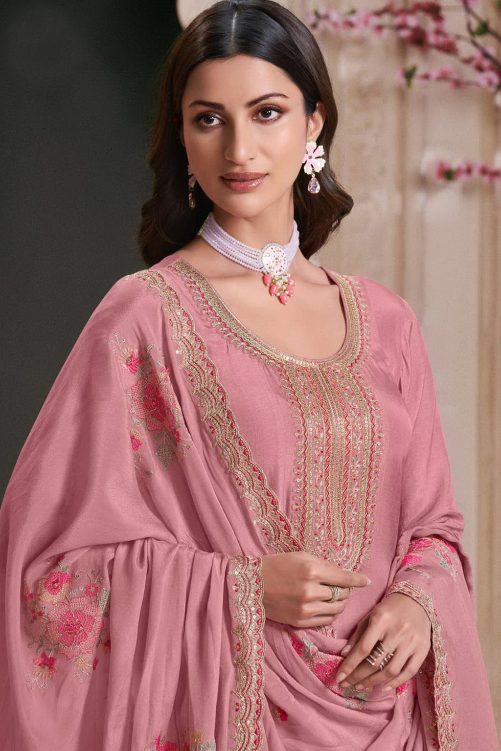 Pink Muga Silk Anarkali Suit For Indian & Pakistani Wedding Festival - Zari Work, Thread & Sequence Embroidery Work