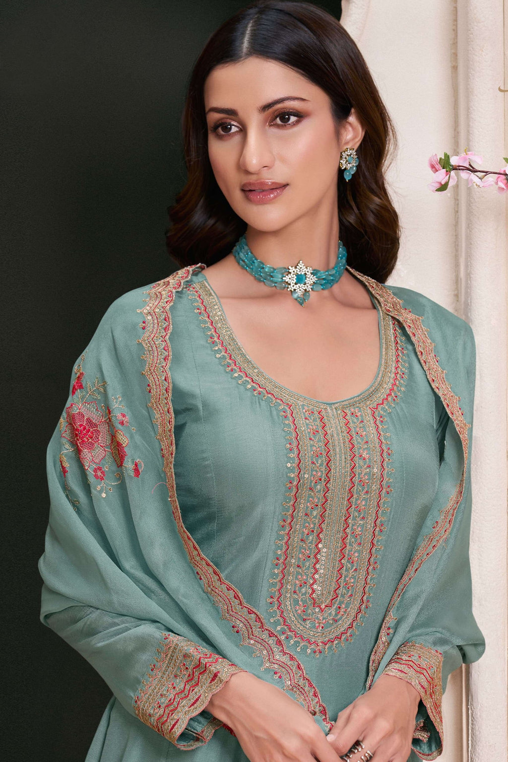 Teal Muga Silk Anarkali Suit For Indian & Pakistani Wedding Festival - Zari Work, Thread & Sequence Embroidery Work