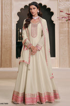 Cream Muga Silk Anarkali Suit For Indian & Pakistani Wedding Festival - Zari Work, Thread & Sequence Embroidery Work