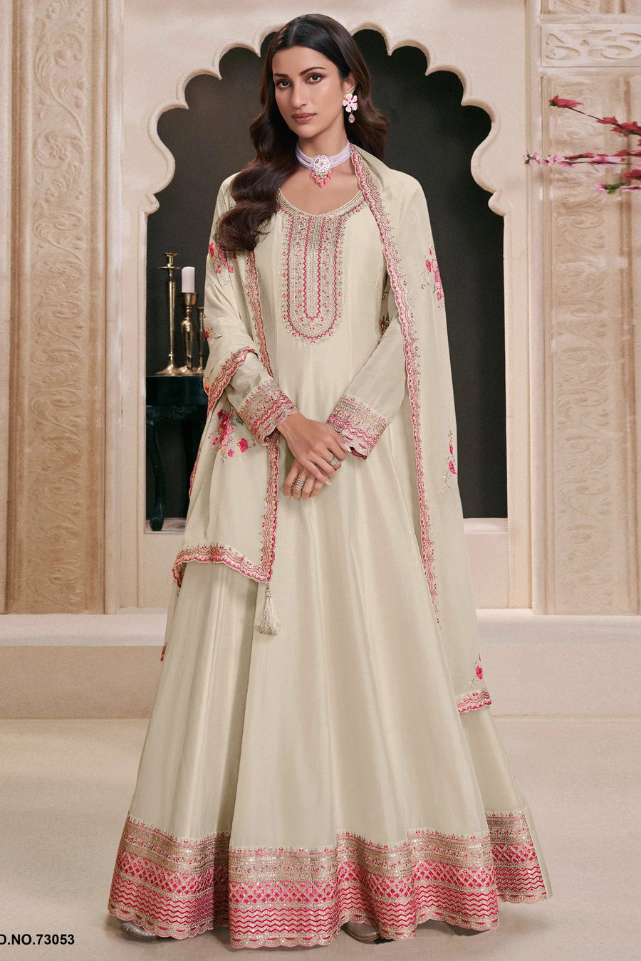 Cream Muga Silk Anarkali Suit For Indian & Pakistani Wedding Festival - Zari Work, Thread & Sequence Embroidery Work