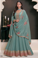 Teal Muga Silk Anarkali Suit For Indian & Pakistani Wedding Festival - Zari Work, Thread & Sequence Embroidery Work
