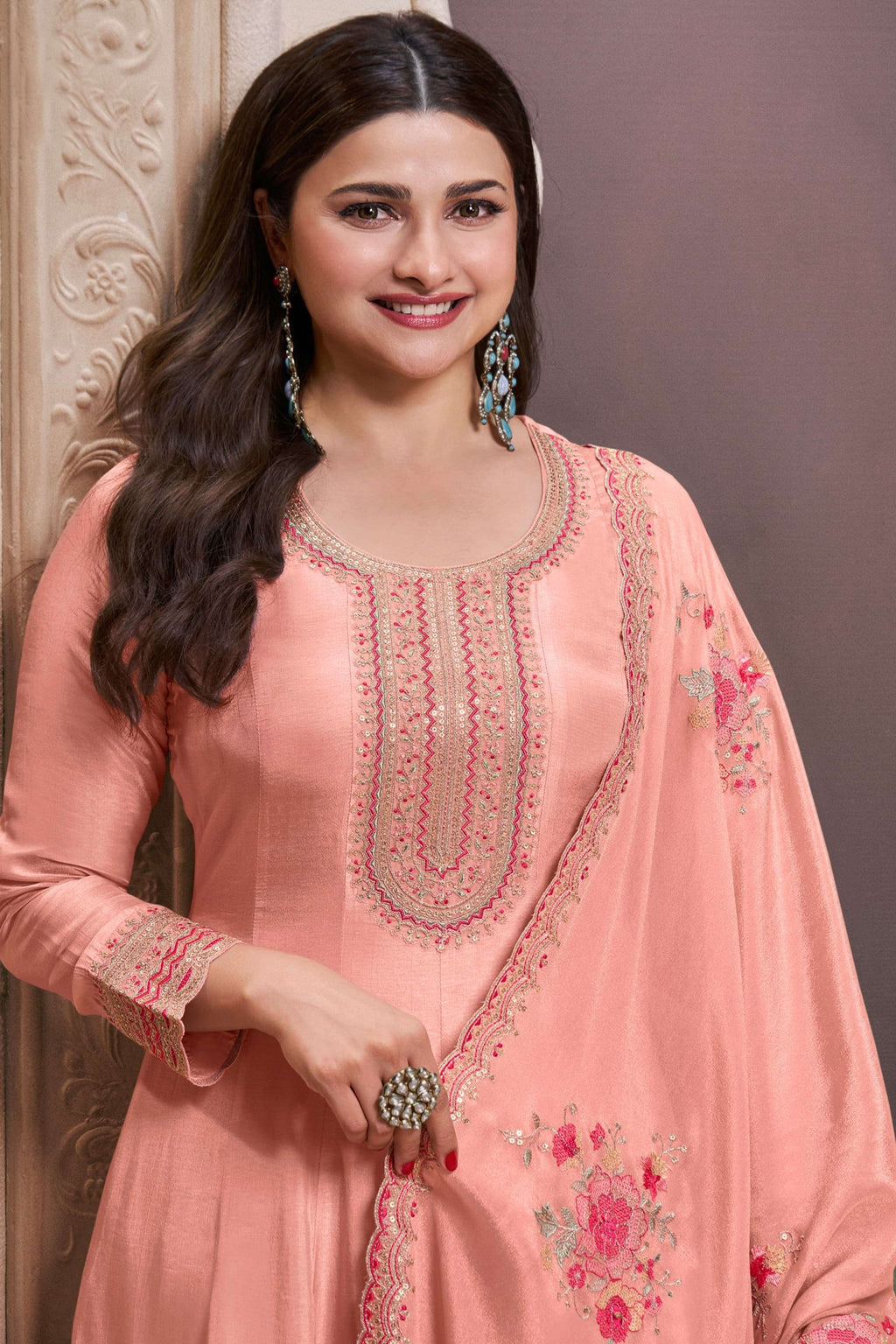 Peach Muga Silk Anarkali Suit For Indian & Pakistani Wedding Festival - Zari Work, Thread & Sequence Embroidery Work
