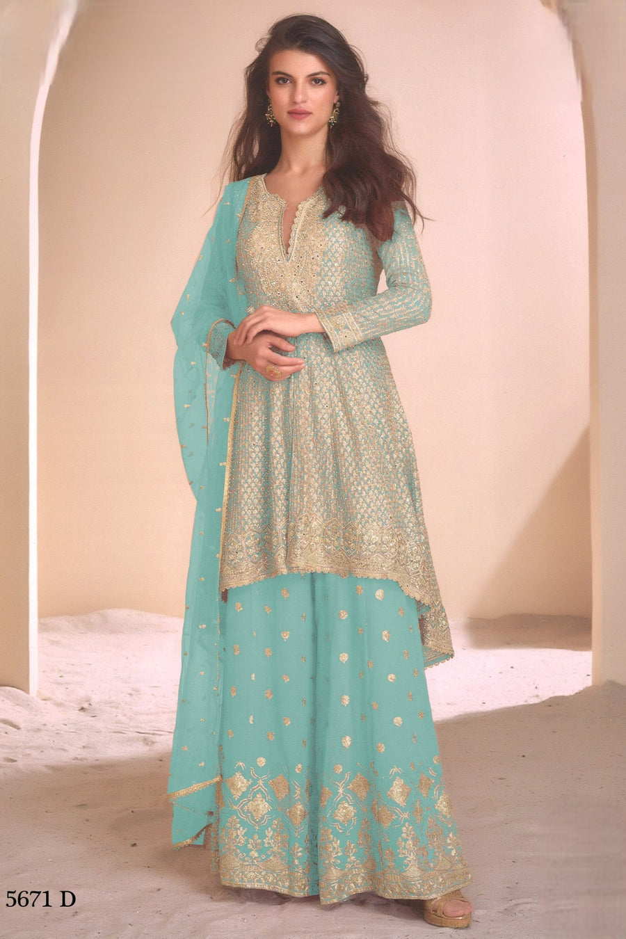 Light Teal Georgette Palazzo Suit For Indian Wedding & Pakistani Festival - Embroidery Work, Swarovski Work