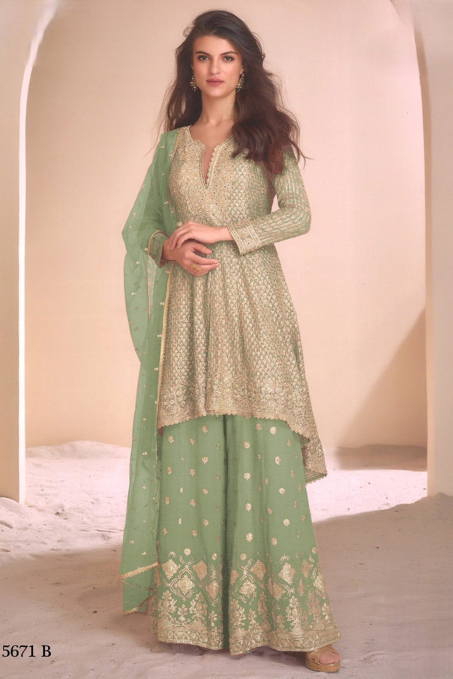 Light Green Georgette Palazzo Suit For Indian Wedding & Pakistani Festival - Embroidery Work, Swarovski Work