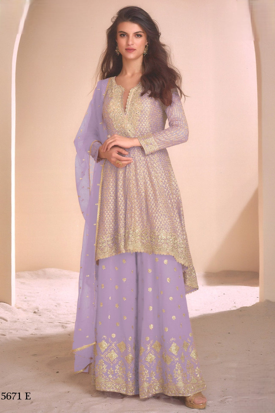 Purple Georgette Palazzo Suit For Indian Wedding & Pakistani Festival - Embroidery Work, Swarovski Work