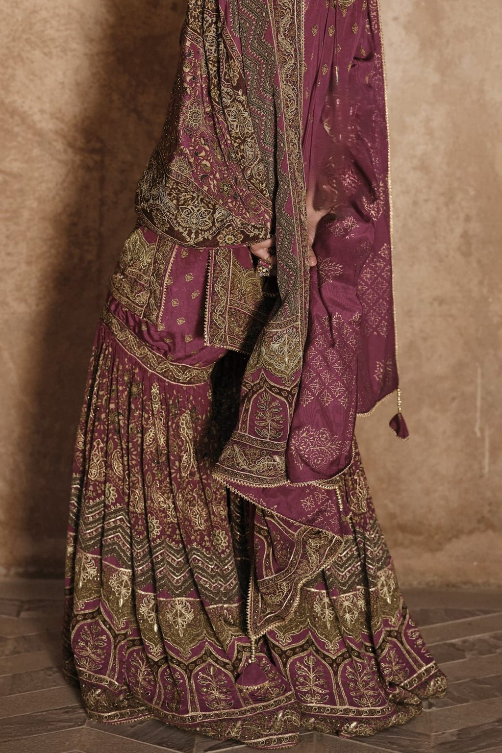 Maroon Crepe Silk Sharara Kameez Suit for Pakistani & Indian Festival - Embroidery Work