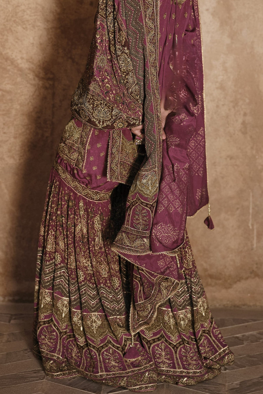 Maroon Crepe Silk Sharara Kameez Suit for Pakistani & Indian Festival - Embroidery Work