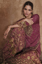 Maroon Crepe Silk Sharara Kameez Suit for Women for Wedding - Embroidery Work, Print Work