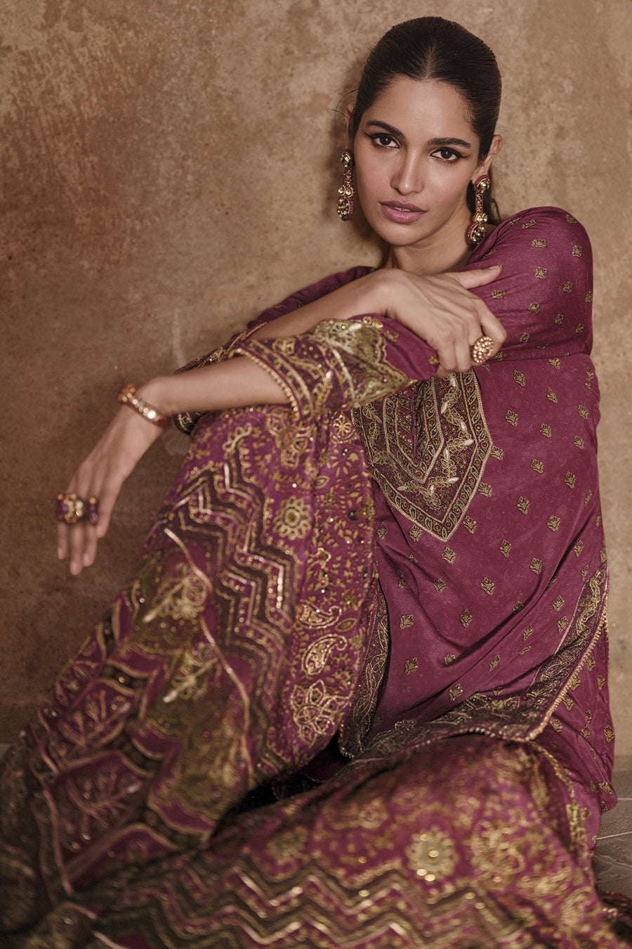 Maroon Crepe Silk Sharara Kameez Suit for Women for Wedding - Embroidery Work, Print Work