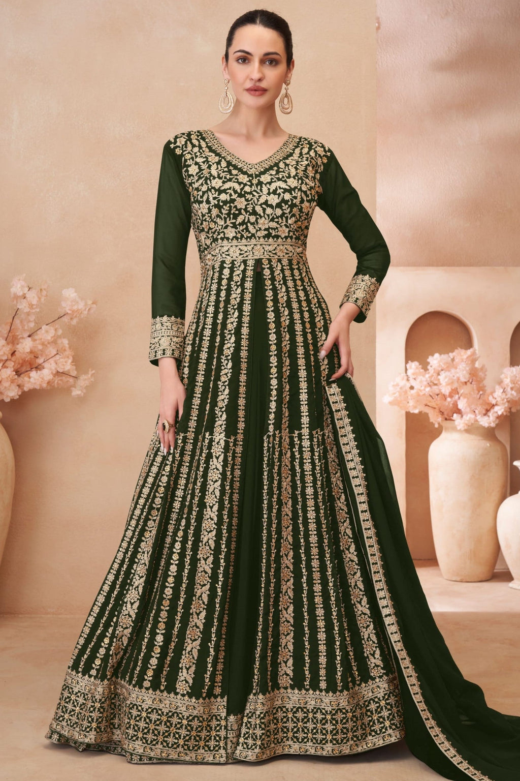 Green Georgette Anarkali Suit With Front Slit For Indian & Pakistani Wedding Festival - Embroidery Work