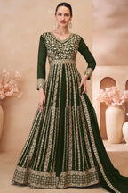 Green Georgette Anarkali Suit With Front Slit For Indian & Pakistani Wedding Festival - Embroidery Work