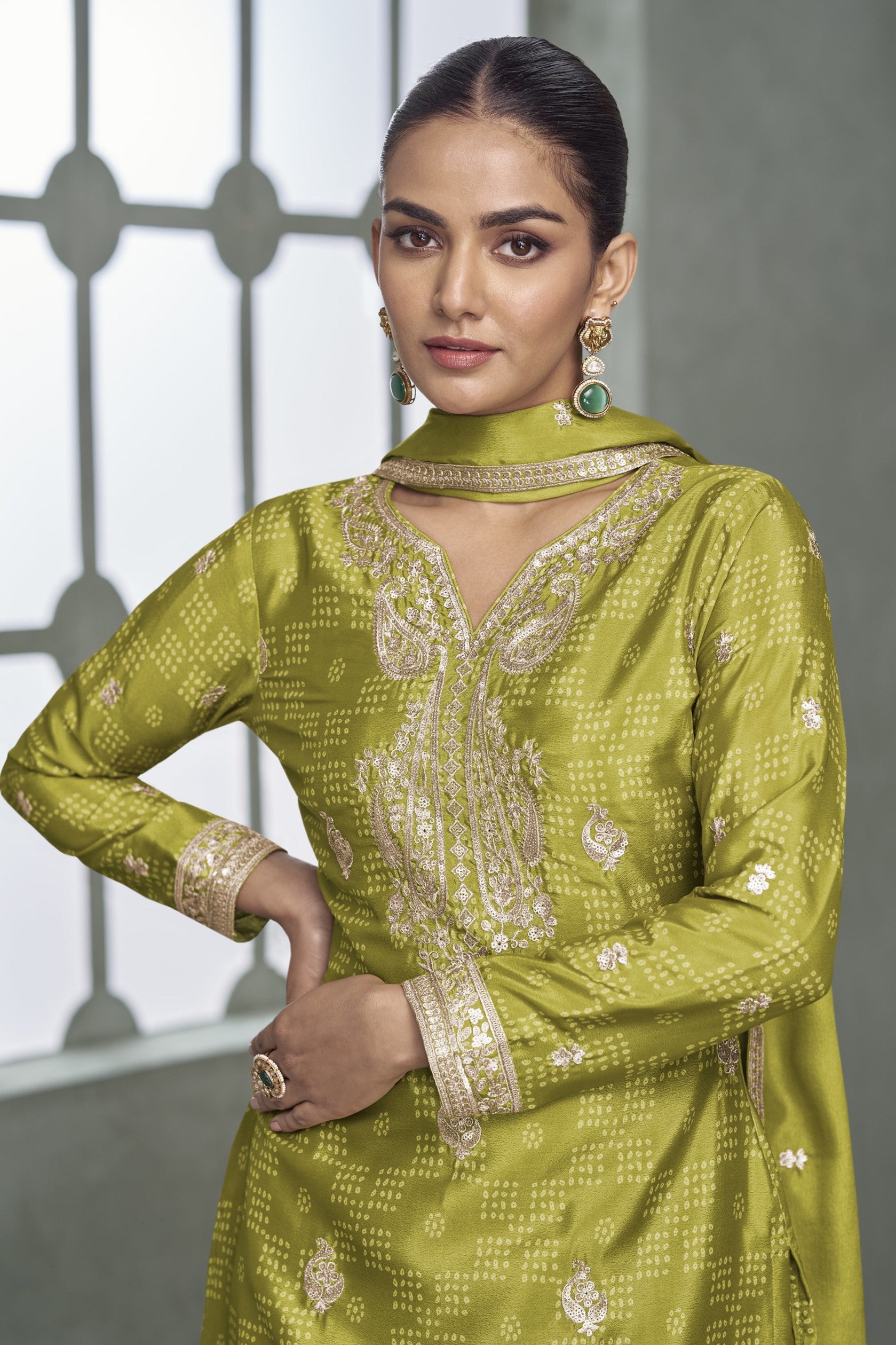 Green Chinon Silk Plazo Suit For Mehndi For Indian & Pakistani Wedding Festival - Print Work, Embroidery Work