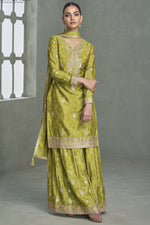 Green Chinon Silk Plazo Suit For Mehndi For Indian & Pakistani Wedding Festival - Print Work, Embroidery Work