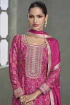 Pink Chinon Silk Plazo Suit For Mehndi For Indian & Pakistani Wedding Festival - Print Work, Embroidery Work