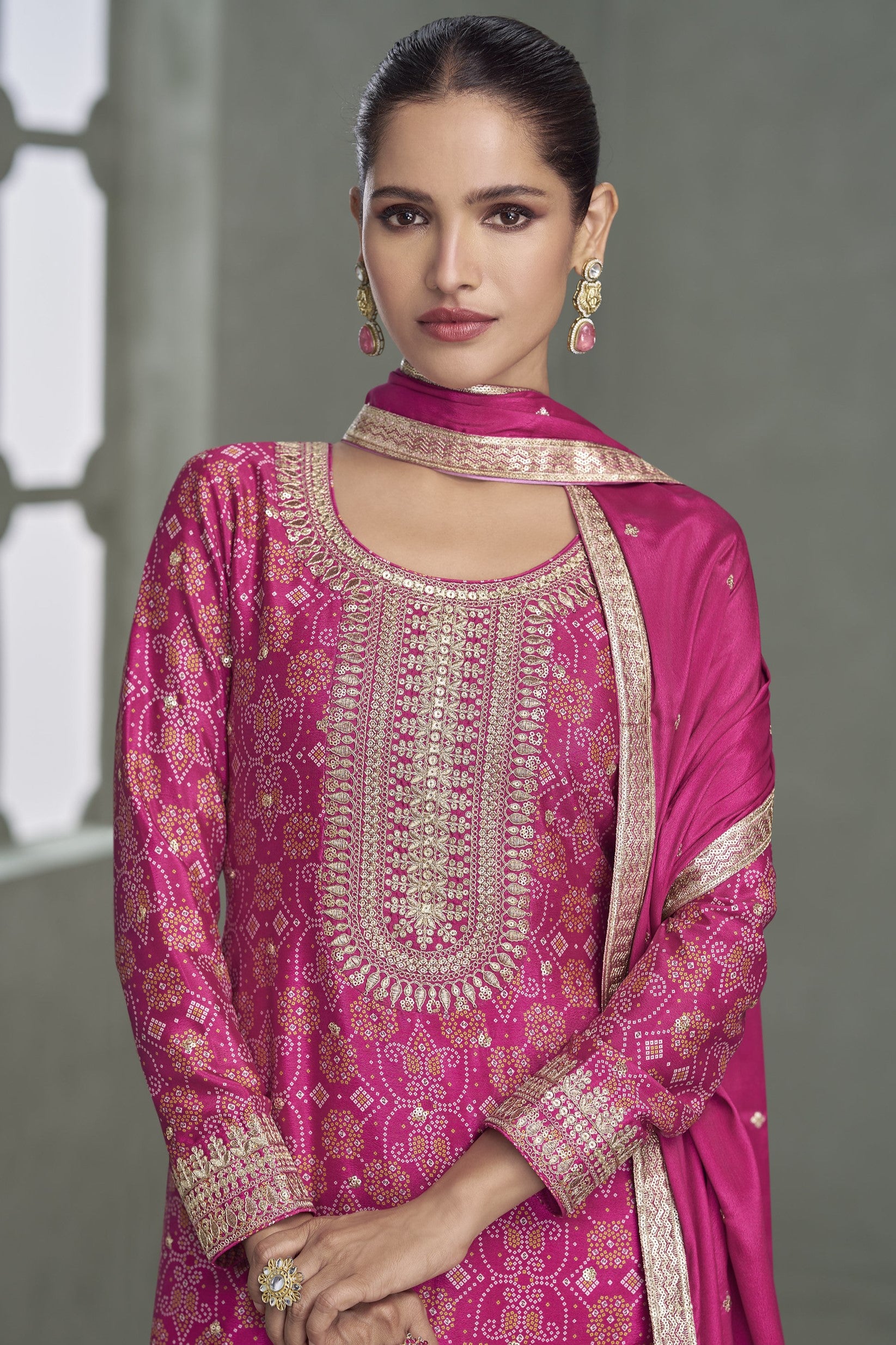 Pink Chinon Silk Plazo Suit For Mehndi For Indian & Pakistani Wedding Festival - Print Work, Embroidery Work