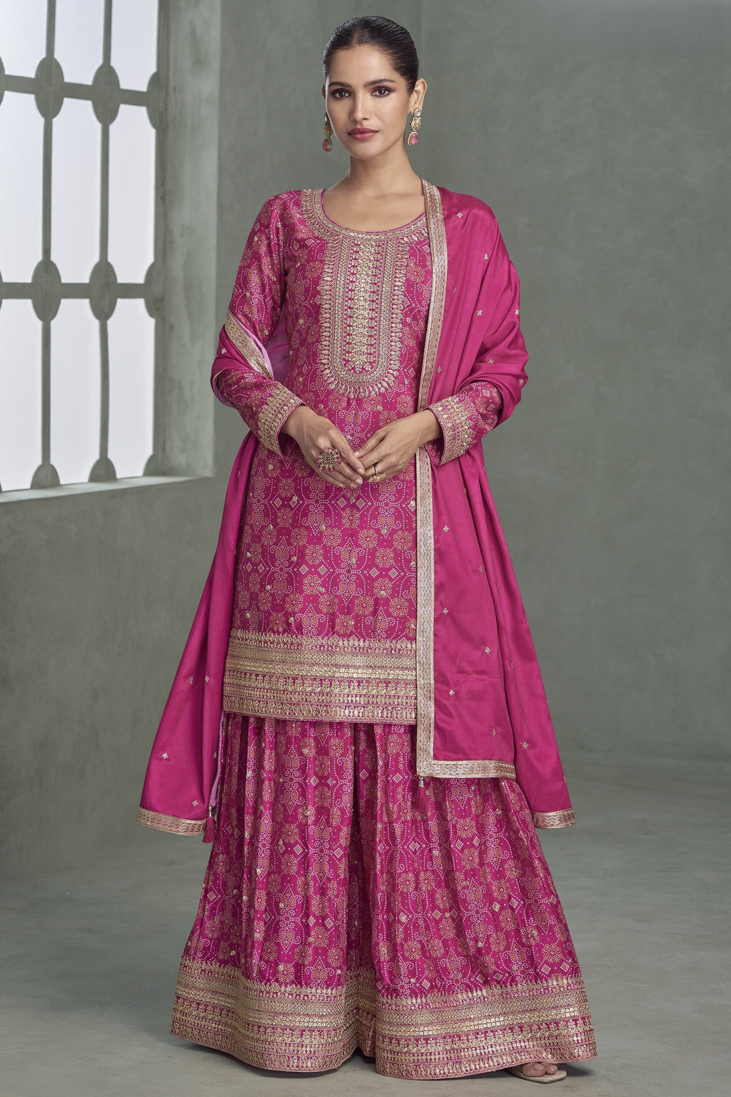 Pink Chinon Silk Plazo Suit For Mehndi For Indian & Pakistani Wedding Festival - Print Work, Embroidery Work
