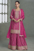 Pink Chinon Silk Plazo Suit For Mehndi For Indian & Pakistani Wedding Festival - Print Work, Embroidery Work
