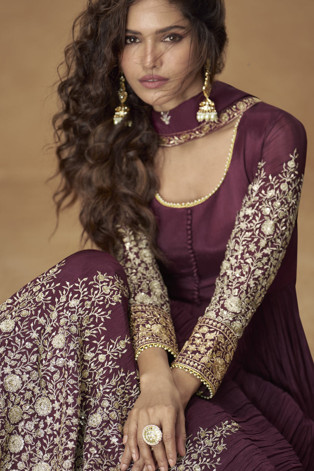 Wine Chinon Silk Anarkali Suit For Indian & Pakistani Wedding Festival - Thread & Sequins Embroidery Work