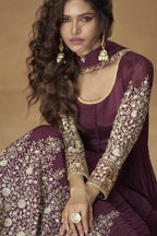 Wine Chinon Silk Anarkali Suit For Indian & Pakistani Wedding Festival - Thread & Sequins Embroidery Work