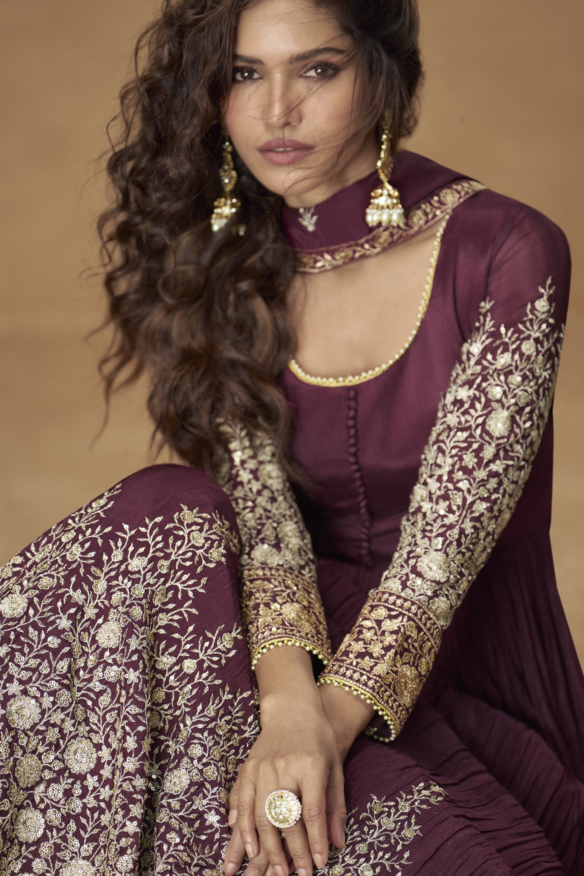 Wine Chinon Silk Anarkali Suit For Indian & Pakistani Wedding Festival - Thread & Sequins Embroidery Work