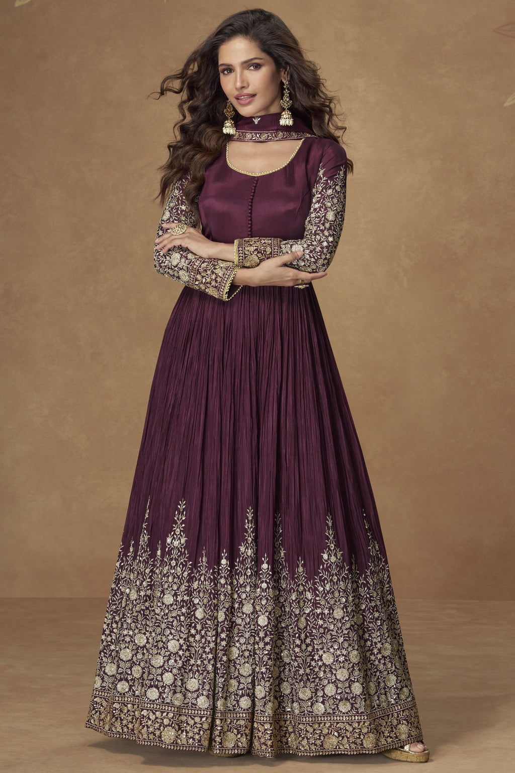 Wine Chinon Silk Anarkali Suit For Indian & Pakistani Wedding Festival - Thread & Sequins Embroidery Work