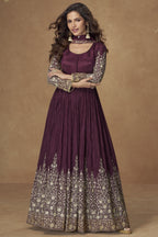 Wine Chinon Silk Anarkali Suit For Indian & Pakistani Wedding Festival - Thread & Sequins Embroidery Work