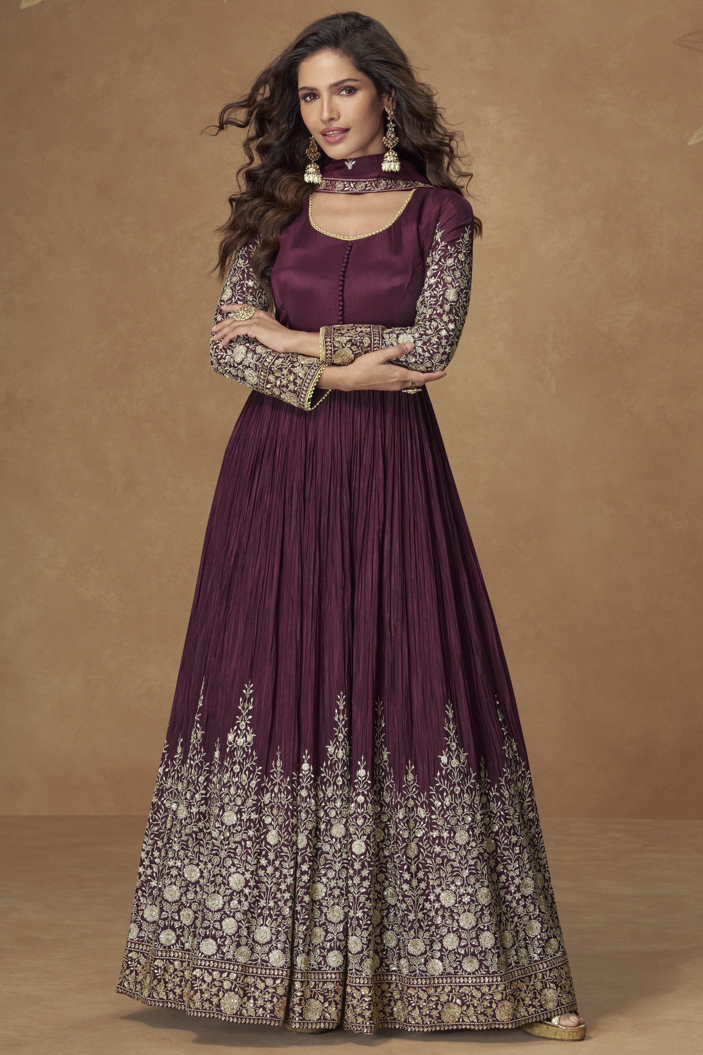 Wine Chinon Silk Anarkali Suit For Indian & Pakistani Wedding Festival - Thread & Sequins Embroidery Work