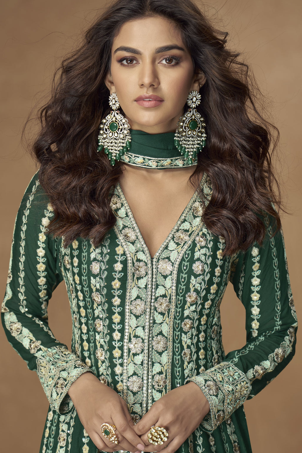 Green Chinon Silk Front Slit Anarkali Suit With Pant For Indian & Pakistani Wedding Festival - Thread & Sequins Embroidery Work