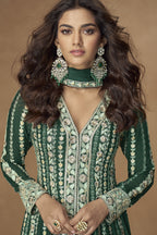 Green Chinon Silk Front Slit Anarkali Suit With Pant For Indian & Pakistani Wedding Festival - Thread & Sequins Embroidery Work