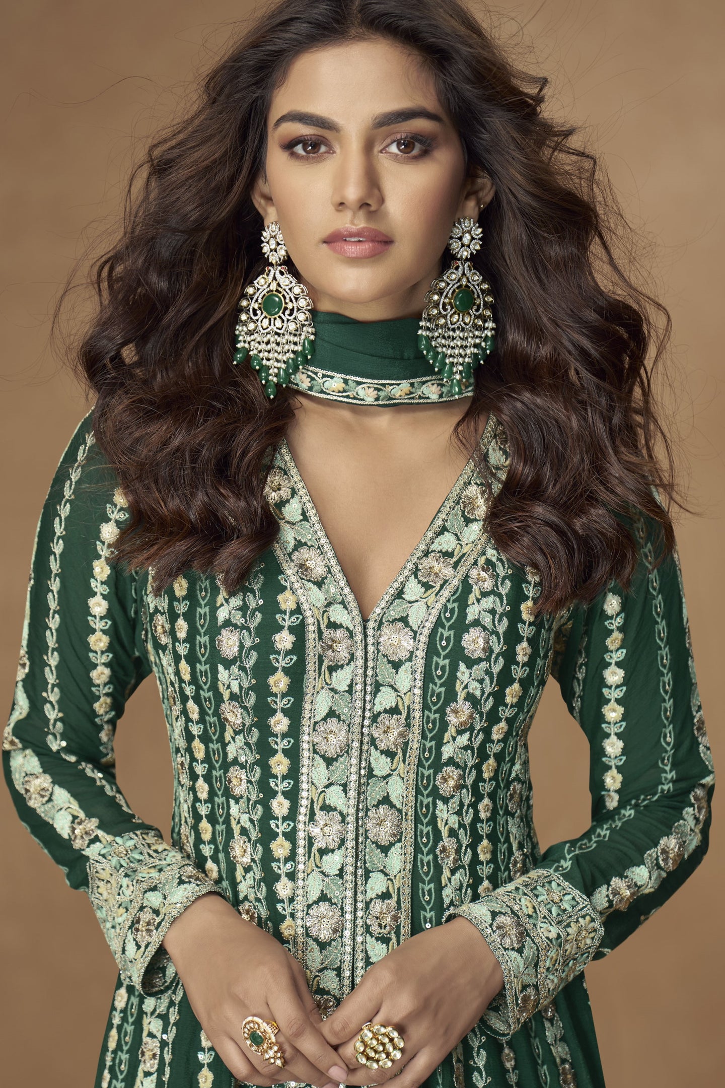 Green Chinon Silk Front Slit Anarkali Suit With Pant For Indian & Pakistani Wedding Festival - Thread & Sequins Embroidery Work
