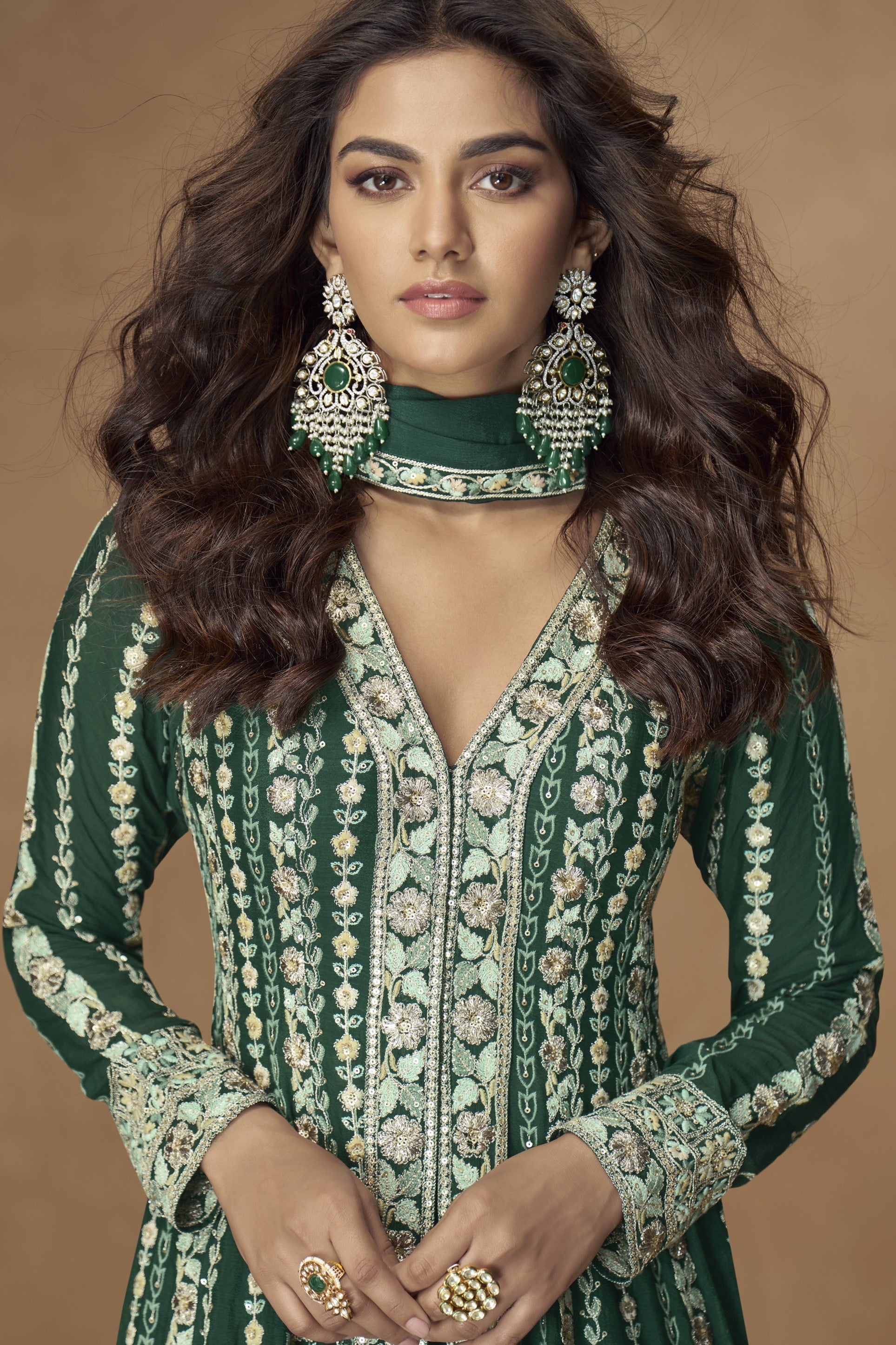 Green Chinon Silk Front Slit Anarkali Suit With Pant For Indian & Pakistani Wedding Festival - Thread & Sequins Embroidery Work