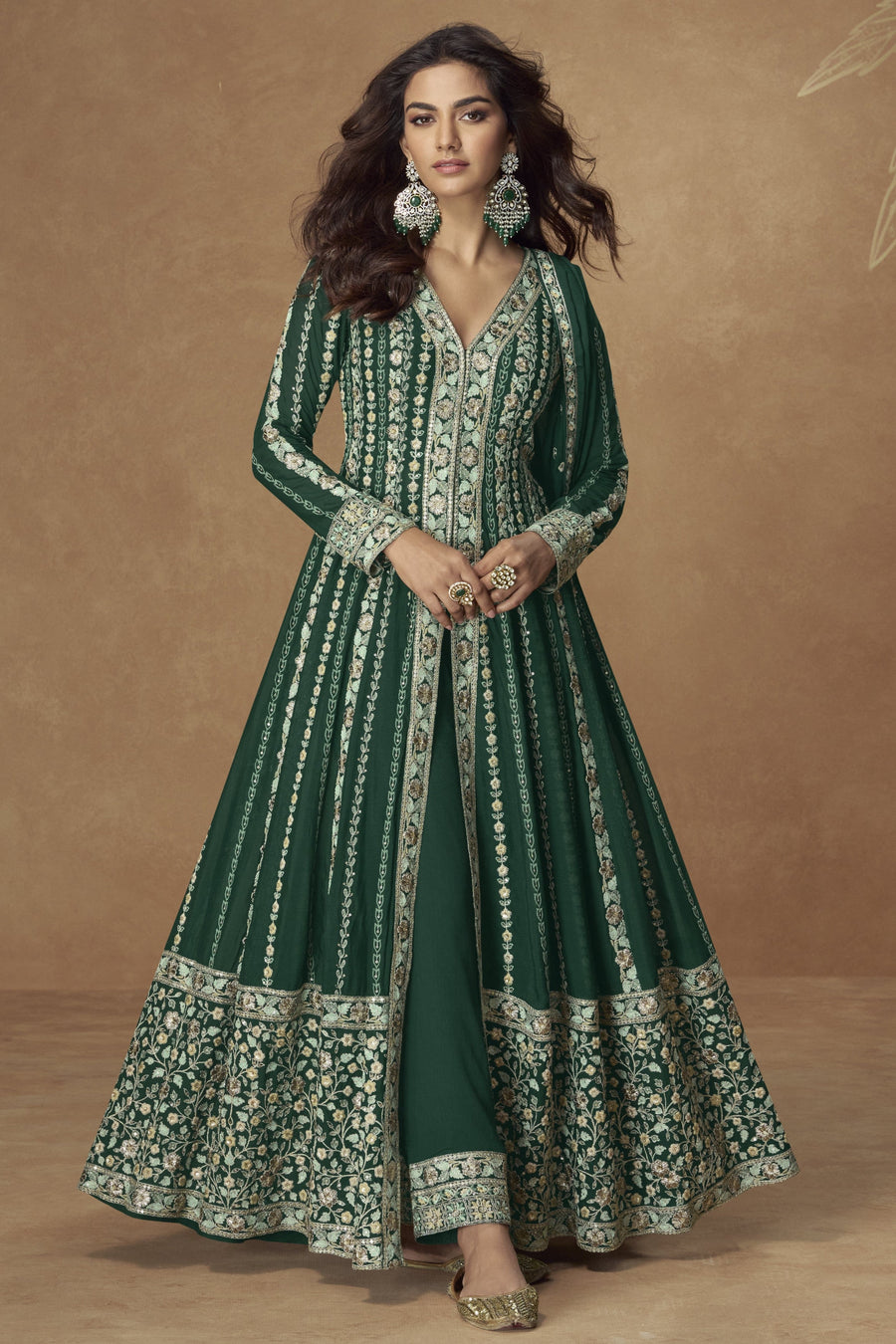 Green Chinon Silk Front Slit Anarkali Suit With Pant For Indian & Pakistani Wedding Festival - Thread & Sequins Embroidery Work