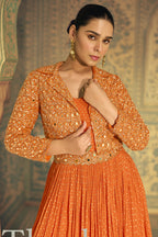 Orange Viscose Shimmer Jacquard Silk Partywear Gown with Jacket For Indian & Pakistani Wedding Festival - Sequins & Thread Embroidery Work