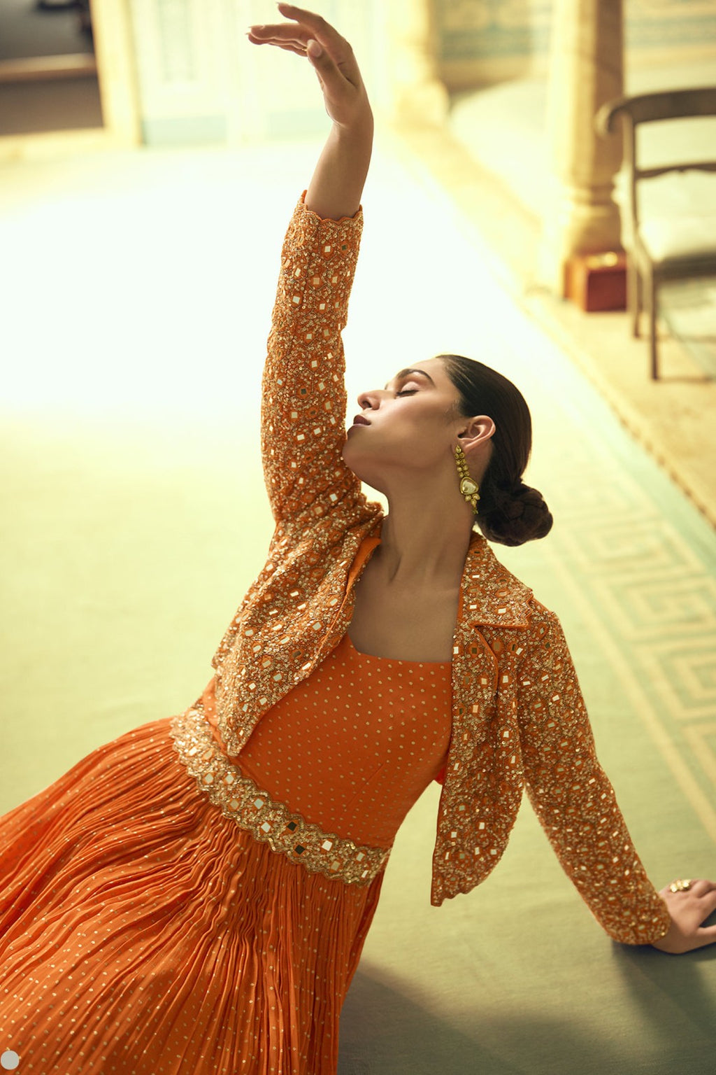 Orange Viscose Shimmer Jacquard Silk Partywear Gown with Jacket For Indian & Pakistani Wedding Festival - Sequins & Thread Embroidery Work