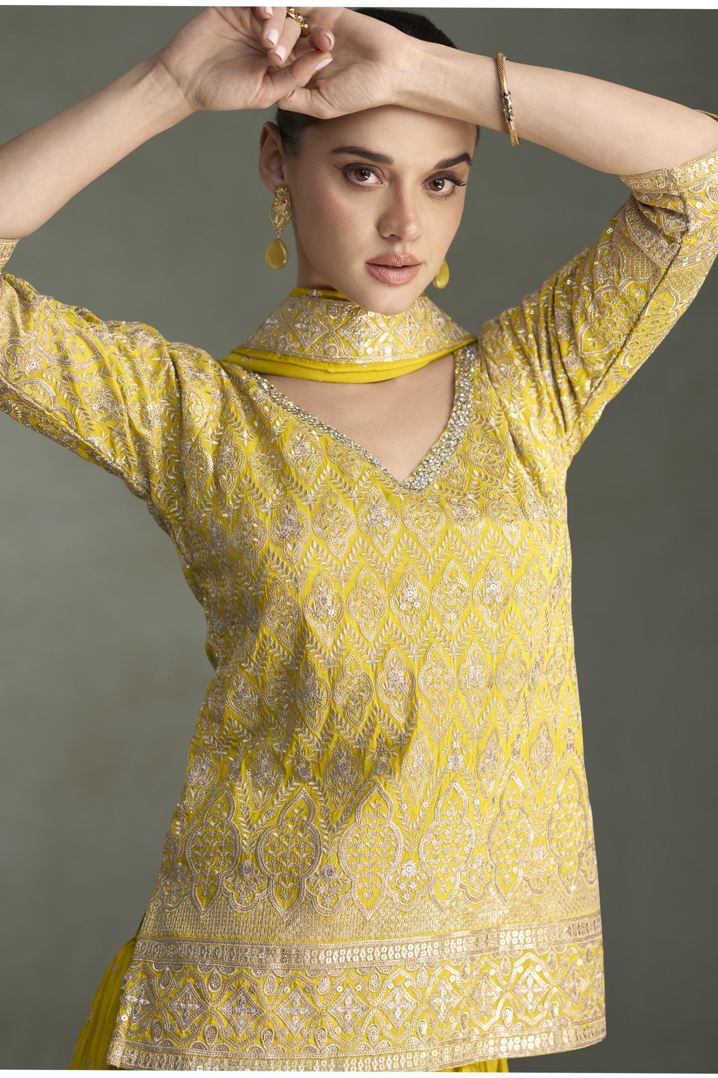 Yellow Simmer Silk Plazo Suit Design for Wedding with Sequins Embroidery