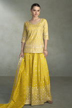 Yellow Simmer Silk Plazo Suit Design for Wedding with Sequins Embroidery