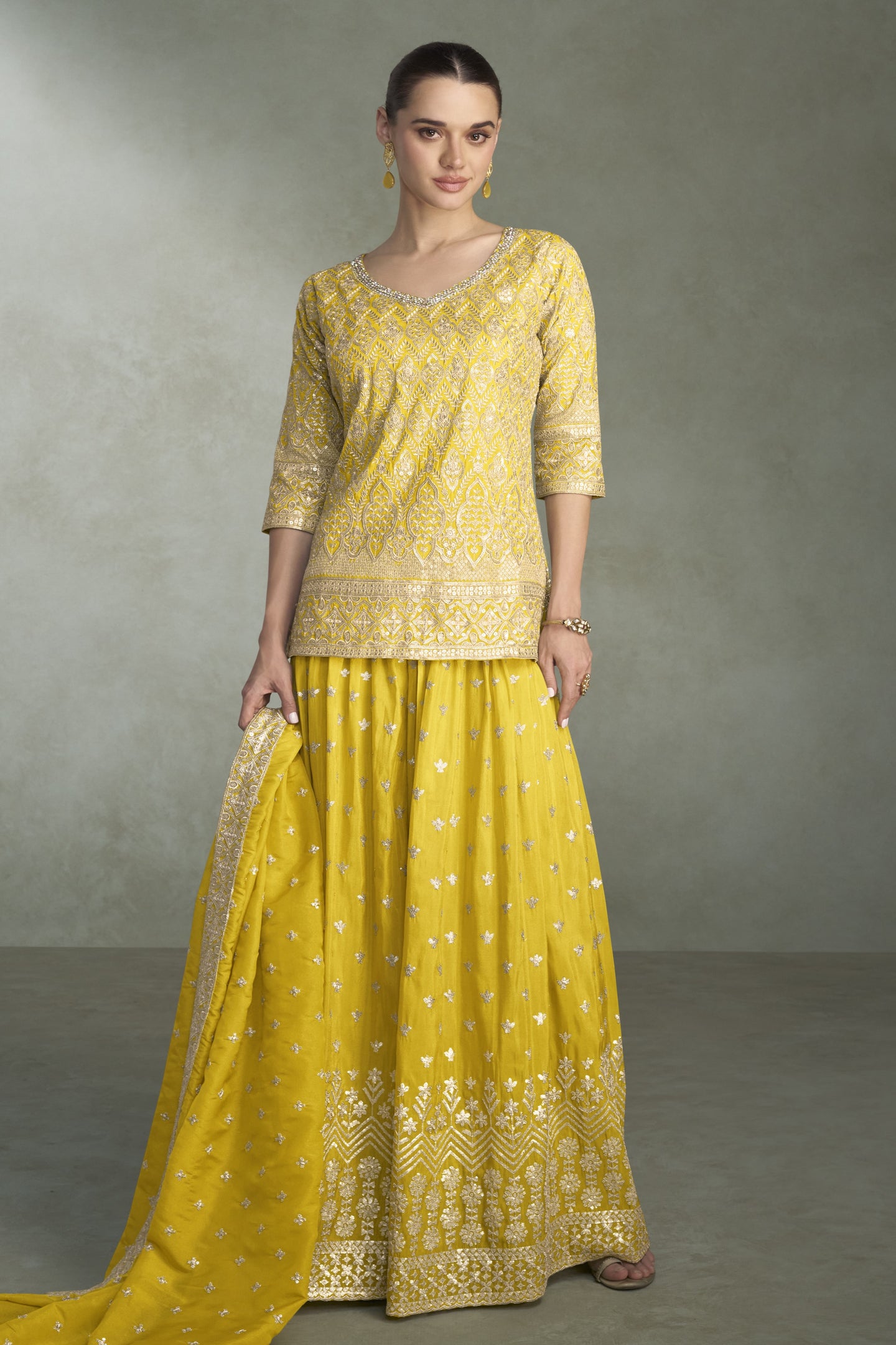 Yellow Simmer Silk Plazo Suit Design for Wedding with Sequins Embroidery