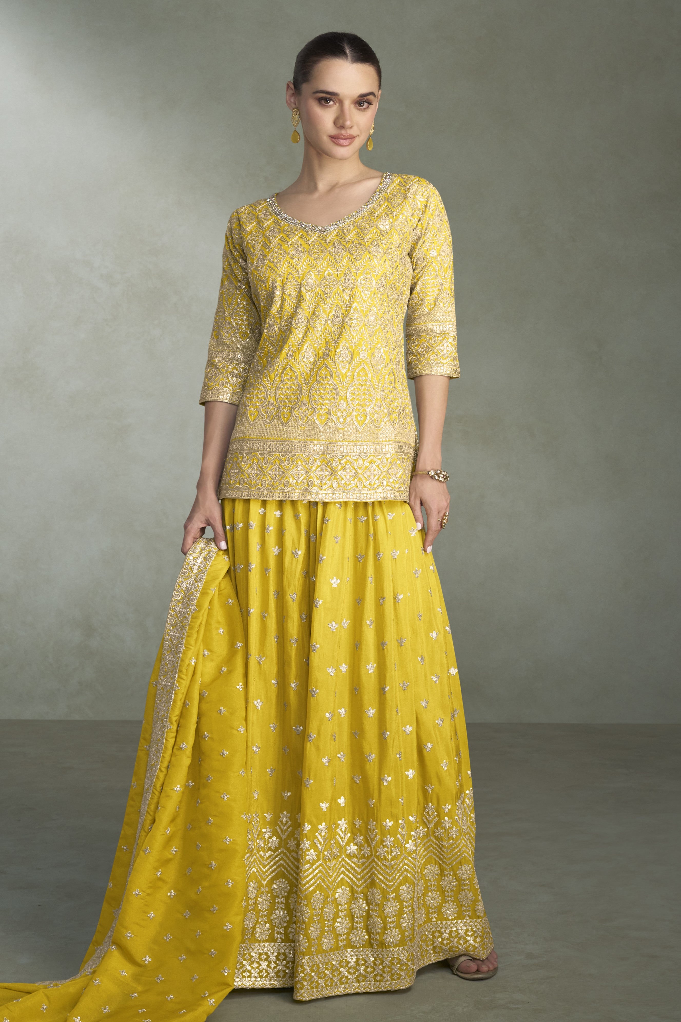 Yellow Simmer Silk Plazo Suit Design for Wedding with Sequins Embroidery