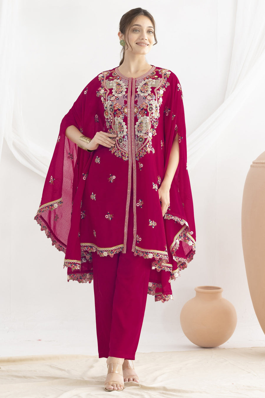 Reddish Pink Chinon Silk Kaftan With Pant For Indian & Pakistani Wedding Festival - Sequins & Thread Embroidery Work
