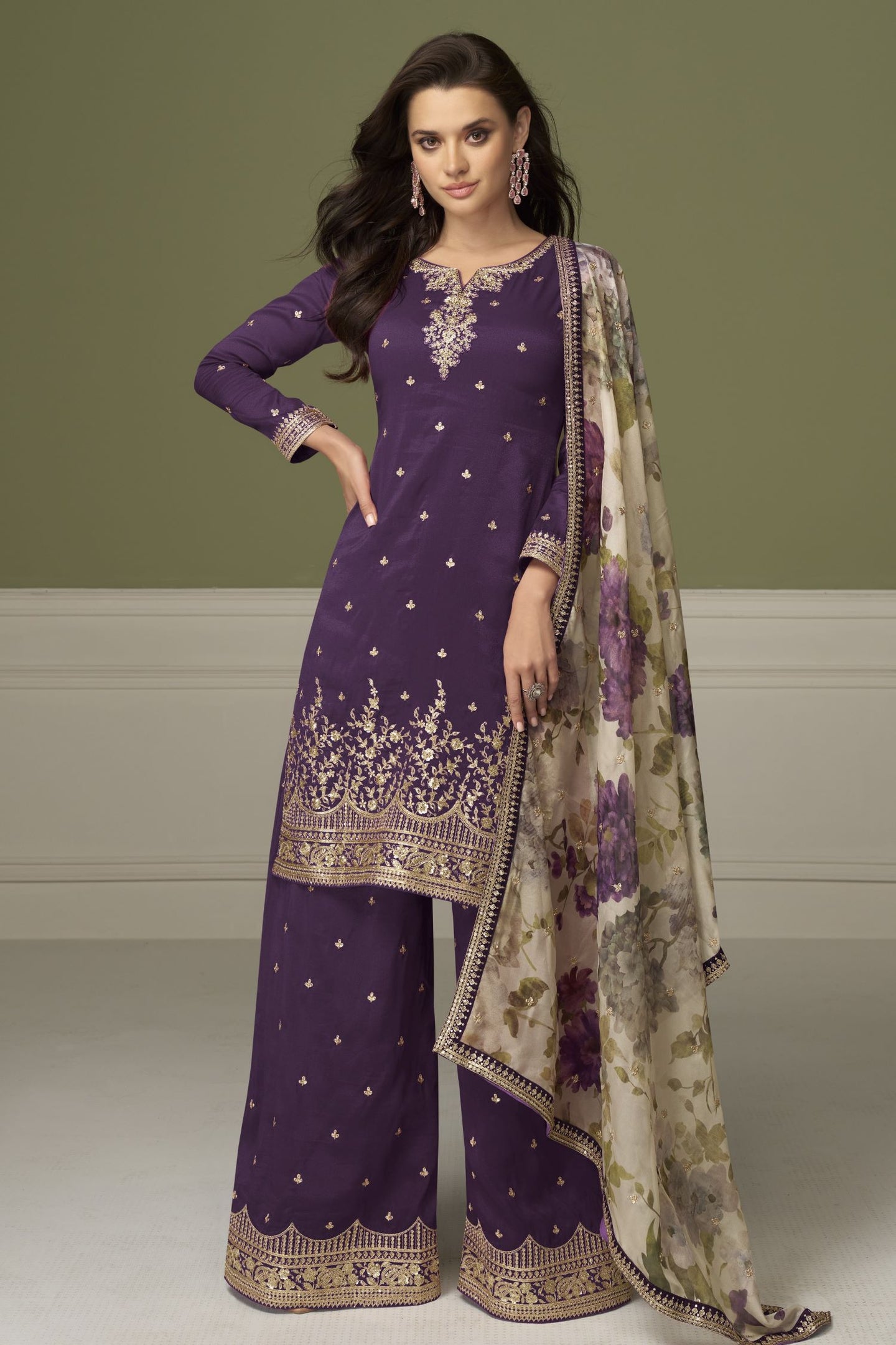 Purple Simmer Silk Indian Palazzo Suits with Thread & Sequin Work