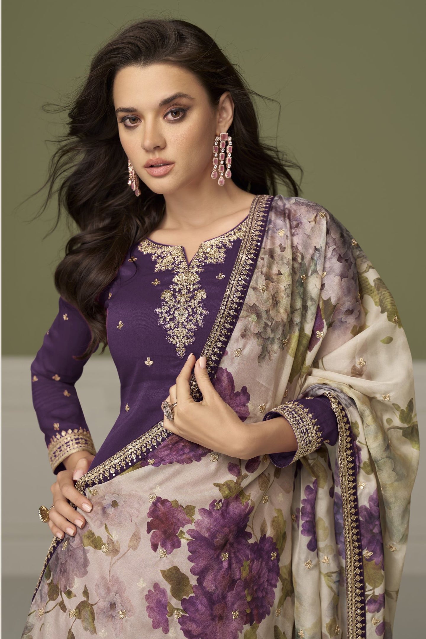 Purple Simmer Silk Indian Palazzo Suits with Thread & Sequin Work