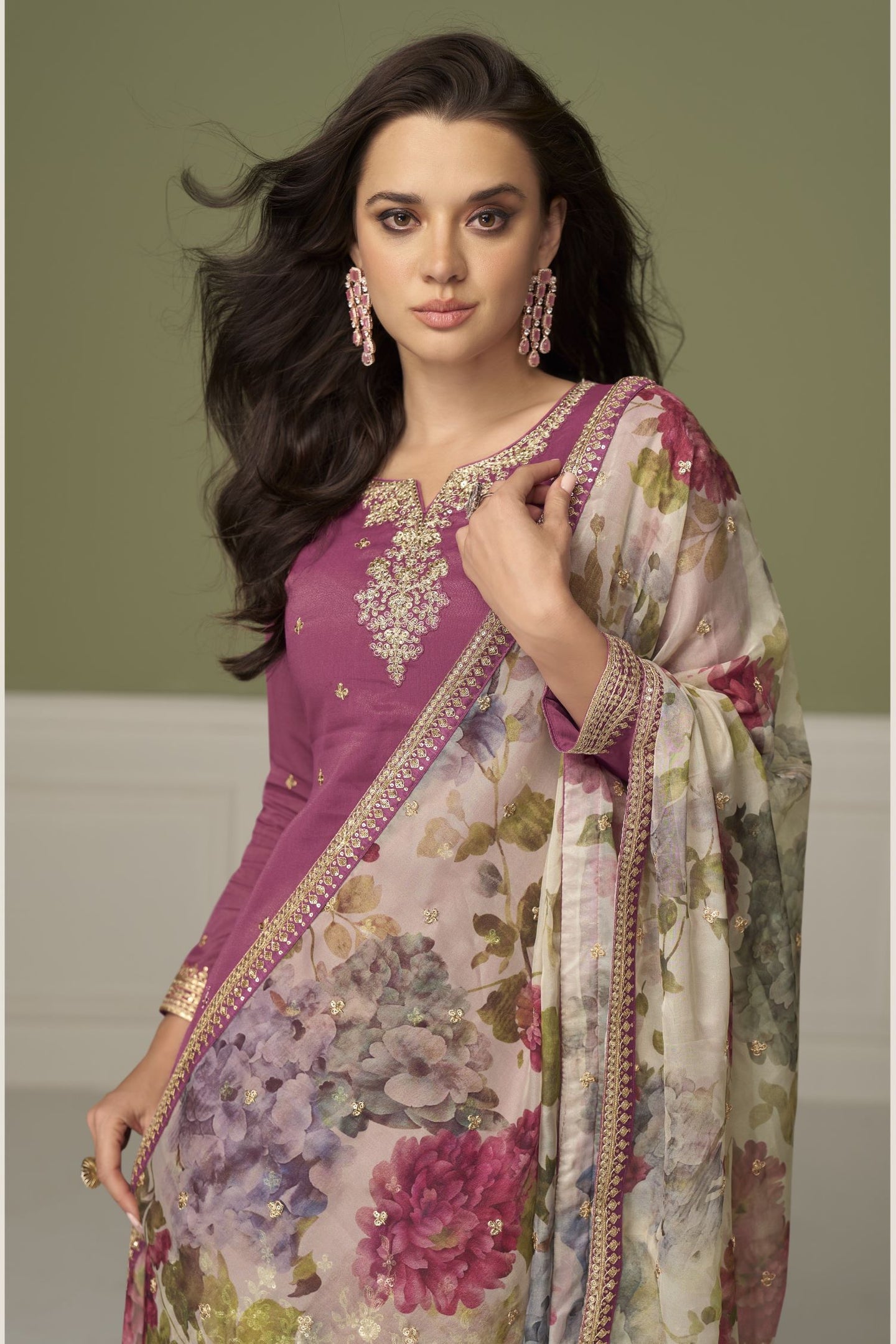 Dark Pink Simmer Silk Indian Palazzo Suits with Thread & Sequins Work