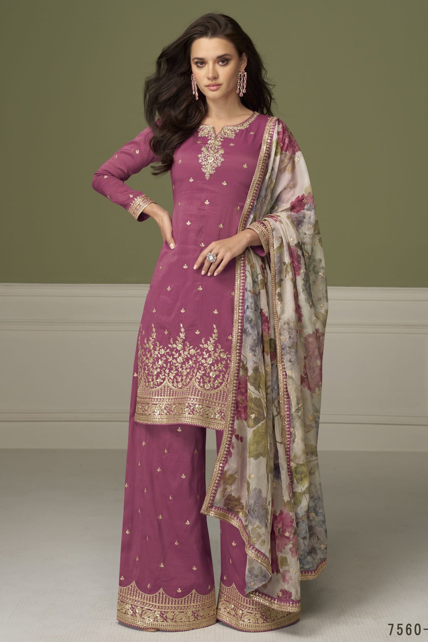 Dark Pink Simmer Silk Indian Palazzo Suits with Thread & Sequins Work