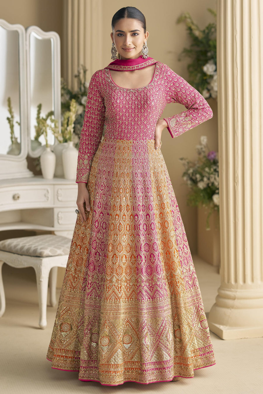 Pink Georgette Anarkali Suit For Indian & Pakistani Wedding Festival - Sequins & Thread Embroidery Work
