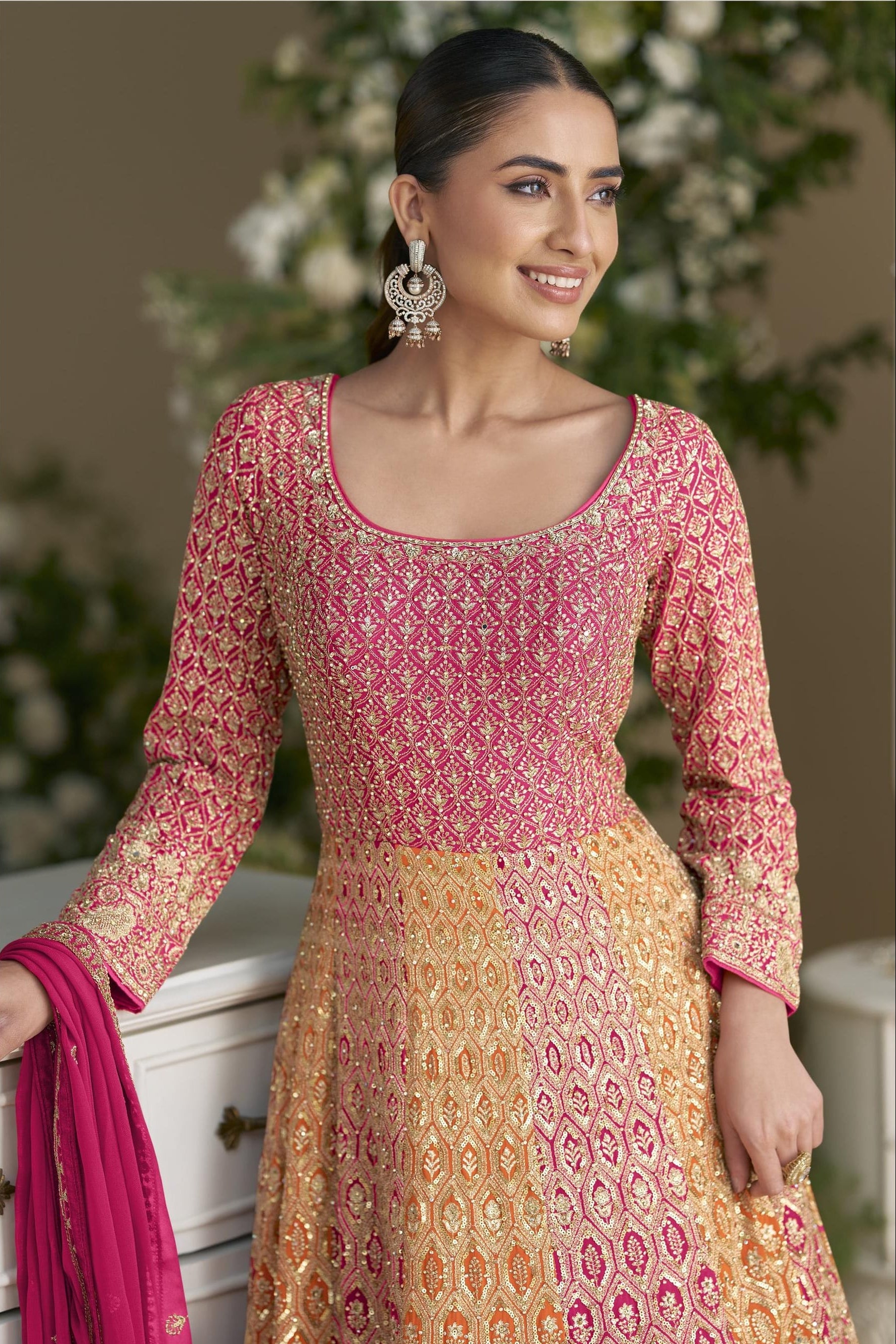 Pink Georgette Anarkali Suit For Indian & Pakistani Wedding Festival - Sequins & Thread Embroidery Work